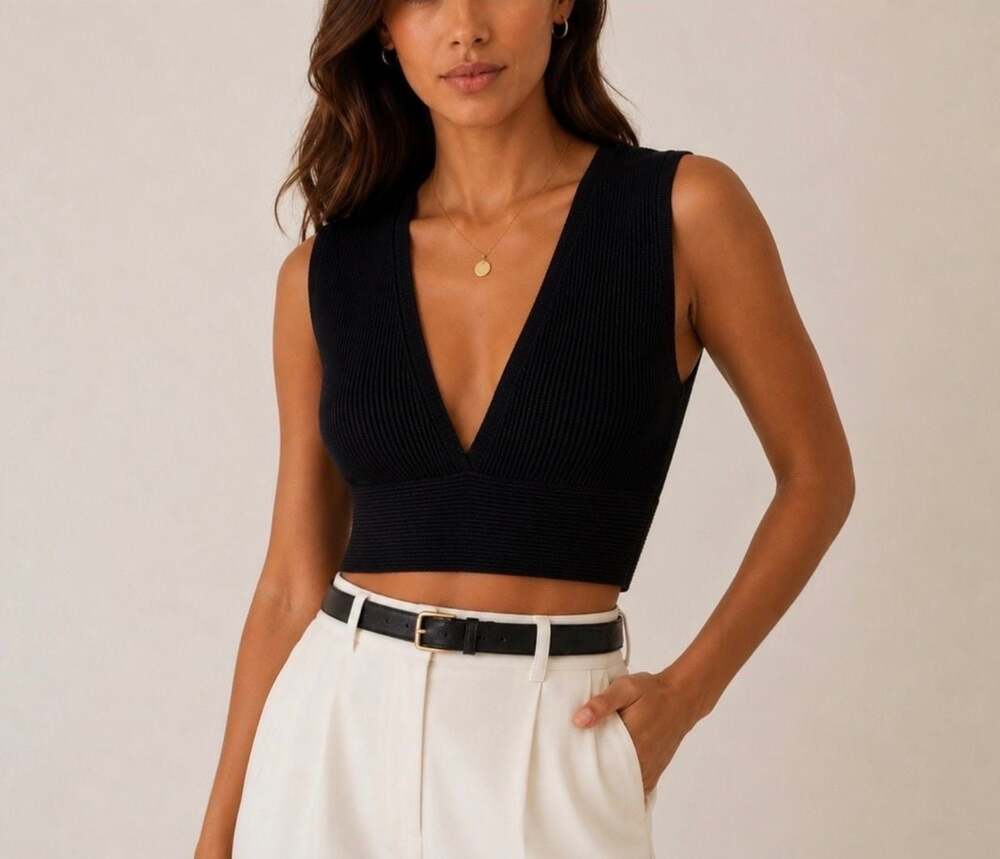Babaton Sculpt Knit Deep V Neck Tank Top Black
